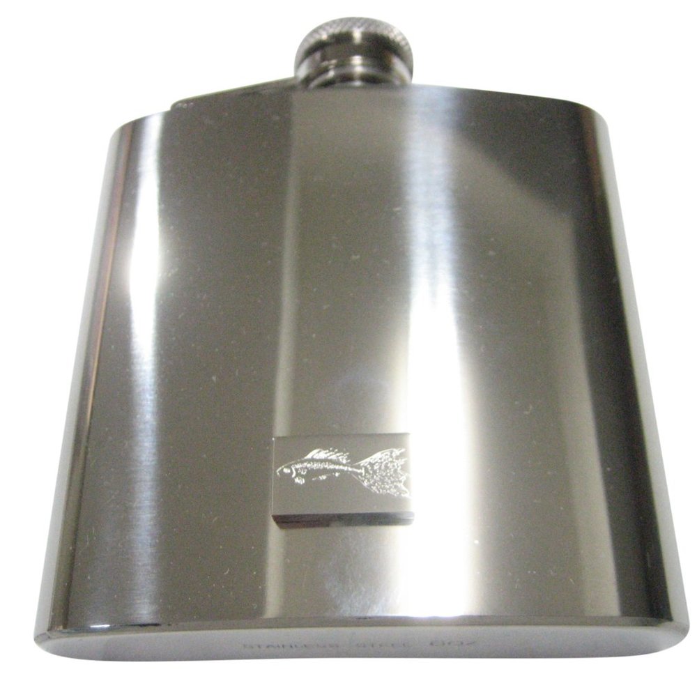 Silver Toned Rectangular Etched Guppy Fish 6oz Flask